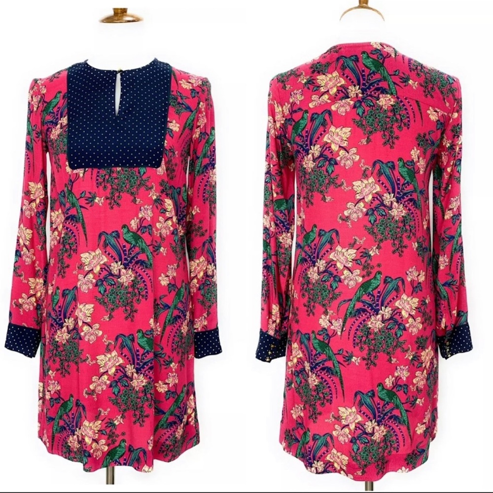 Anthropologie Maeve Bird Tropical Polka Dot Dress Navy Blue Pink